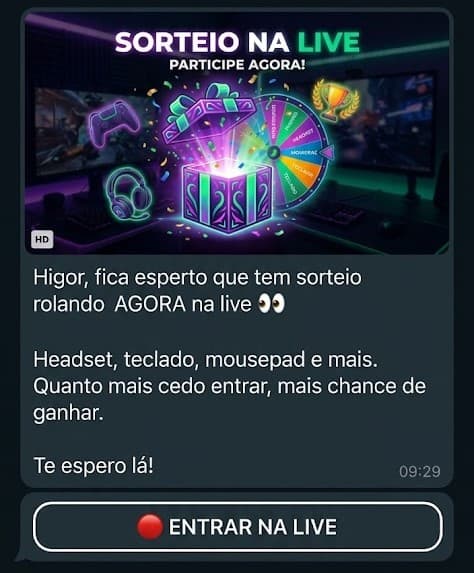 Exemplo de mensagem WhatsApp enviada pelo StreamKit para viewer